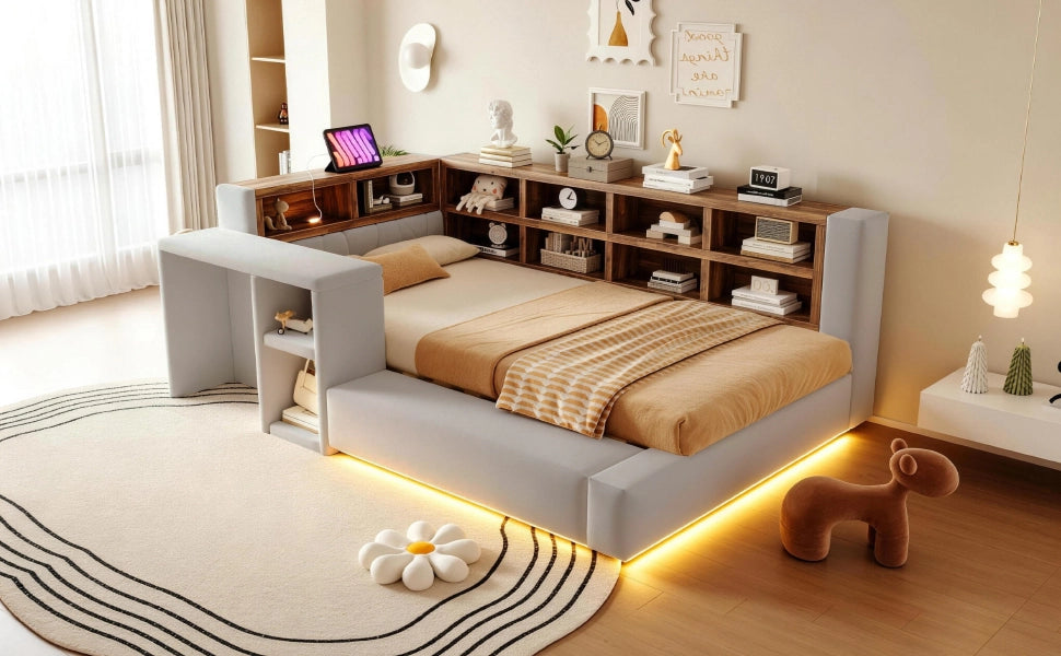 Letto singolo imbottito 90 × 200 cm in velluto grigio chiaro con LED prese integrate e ripiani contenitore