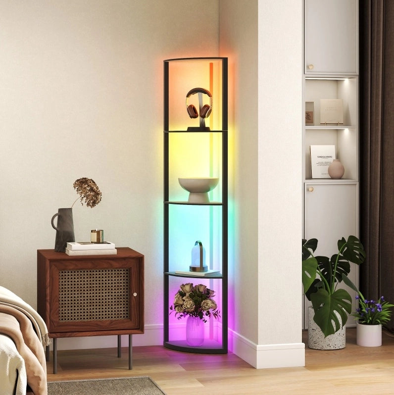 Lampada da terra angolare ULEVR 42x29,5x163 cm con 5 ripiani, LED RGB dimmerabile e telecomando, nera