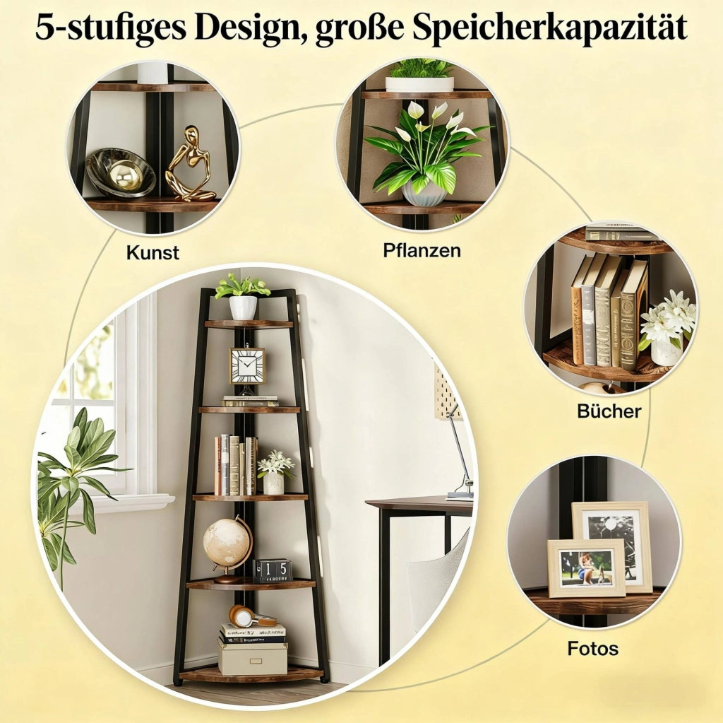 Scaffale angolare a 5 ripiani multipiano per libri e piante, struttura in legno e metallo