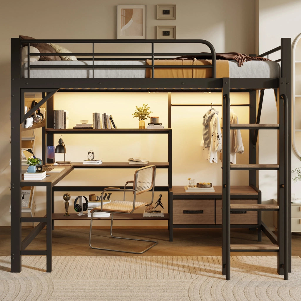Letto a soppalco 140x200 cm con scrivania, scaffali, LED e USB