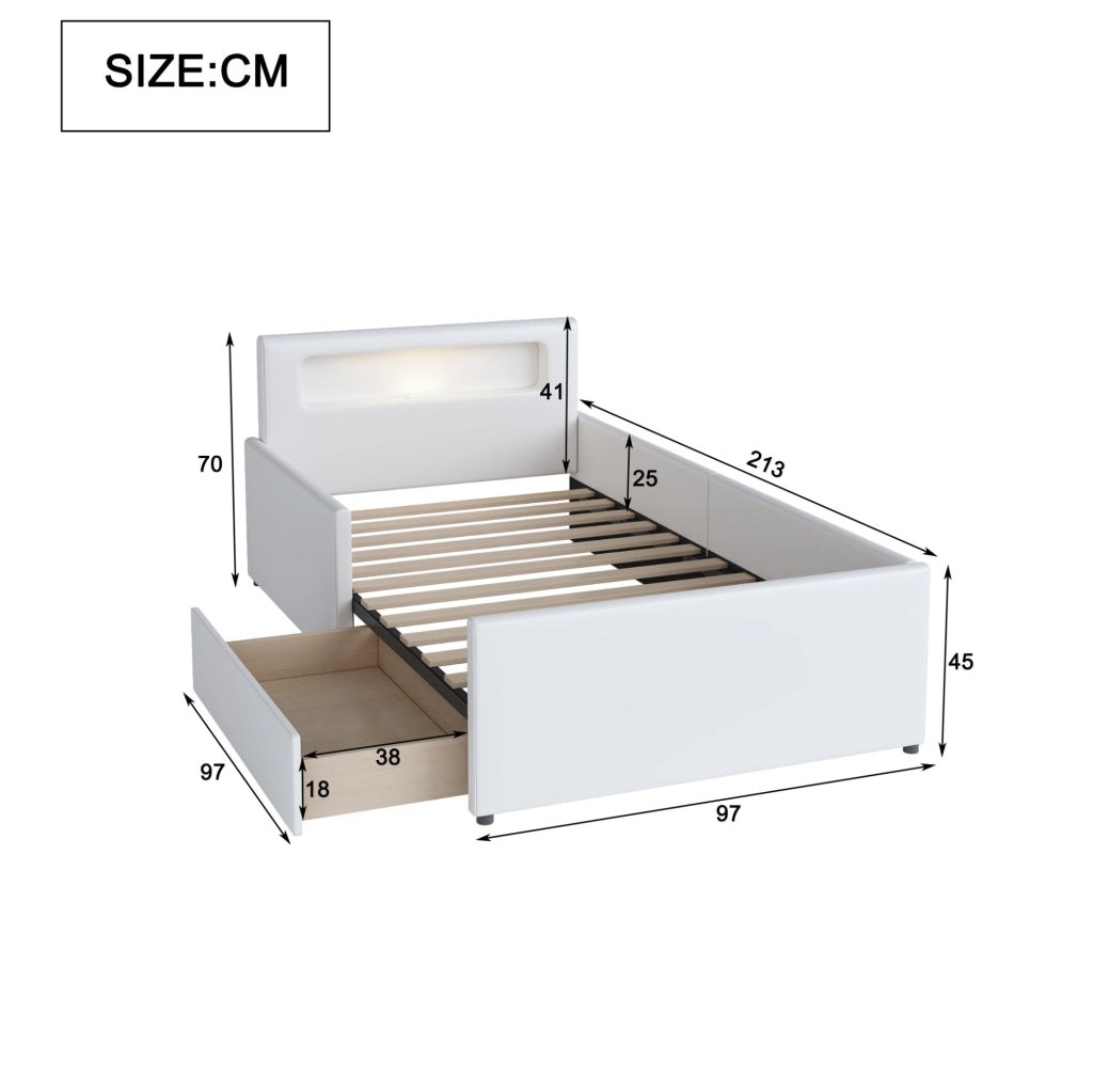 Letto imbottito per bambini 90x200 cm con luce LED; porta USB e cassetti; bianco