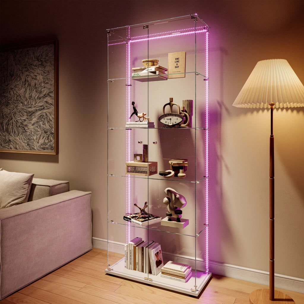 Vetrinetta in vetro a 5 ripiani con 2 ante;Vetrinetta Espositiva con LED; vetrinetta moderna;per camera da letto; ufficio e bar;Bianco 81x36.5x183cm