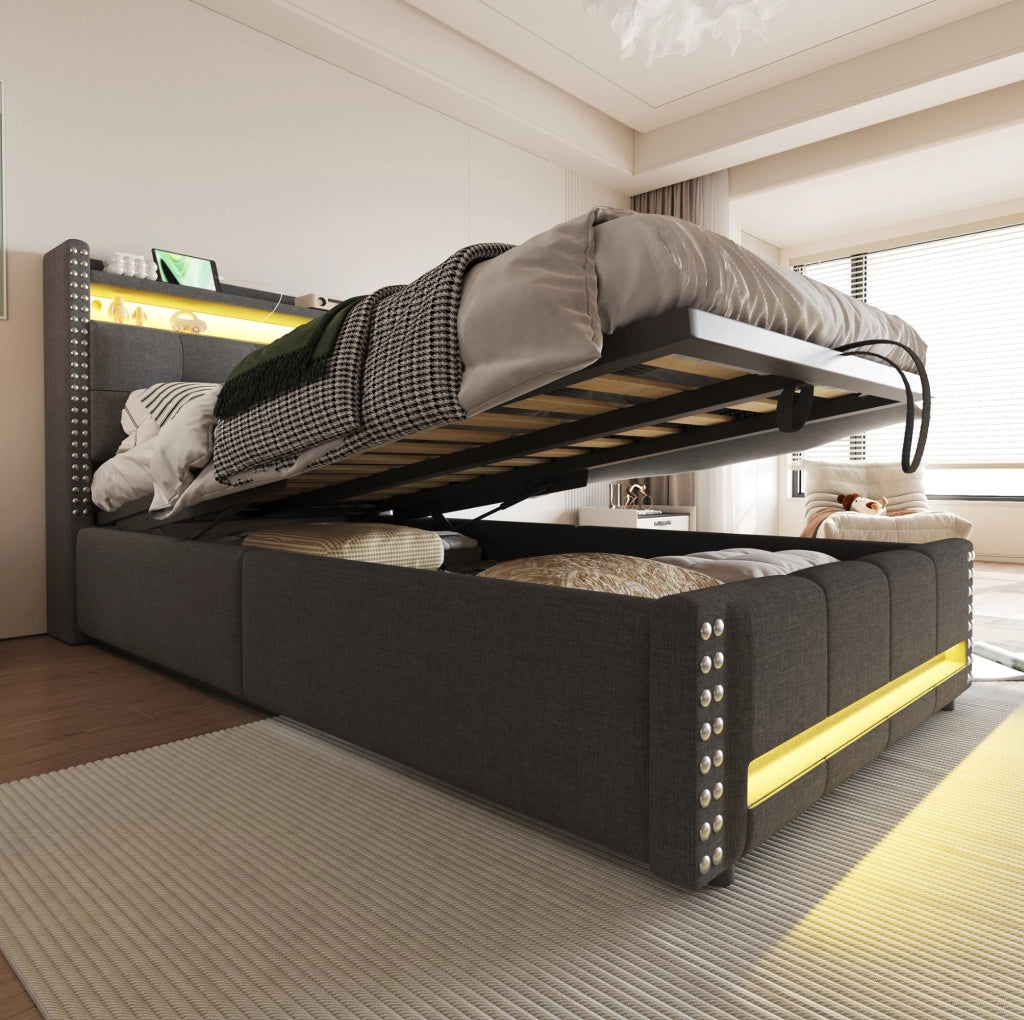 Letto imbottito singolo 90x200 cm con LED, USB e contenitore idraulico, grigio