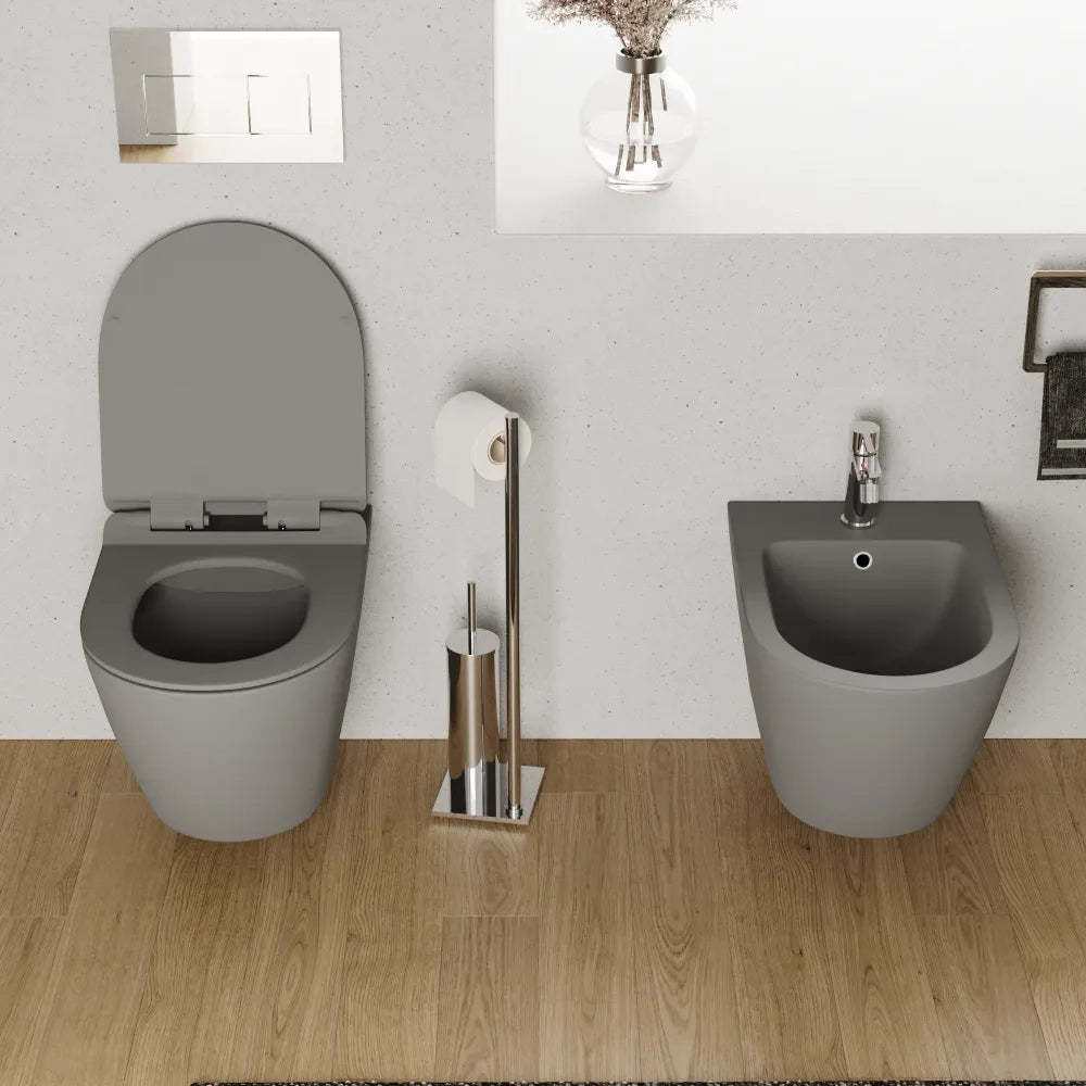 Sanitari sospesi in ceramica grigio opaco vaso rimless sedile soft-close e bidet | Sydney