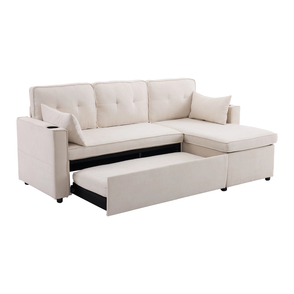 Divano letto angolare beige con contenitore, portabicchieri e cuscini decorativi