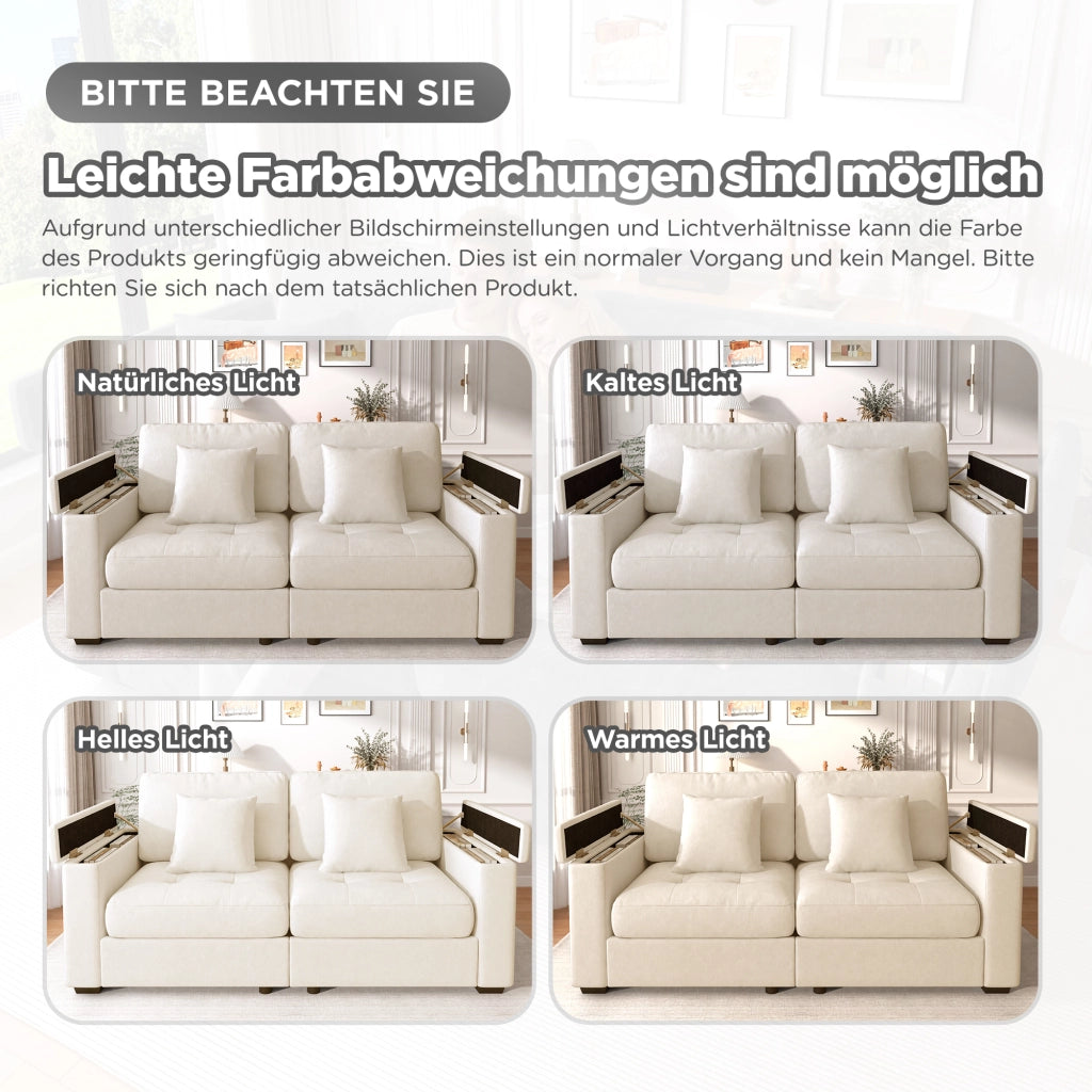 Divano 2 posti beige con vani nei braccioli e tasche laterali; rivestimento in ciniglia e 2 cuscini