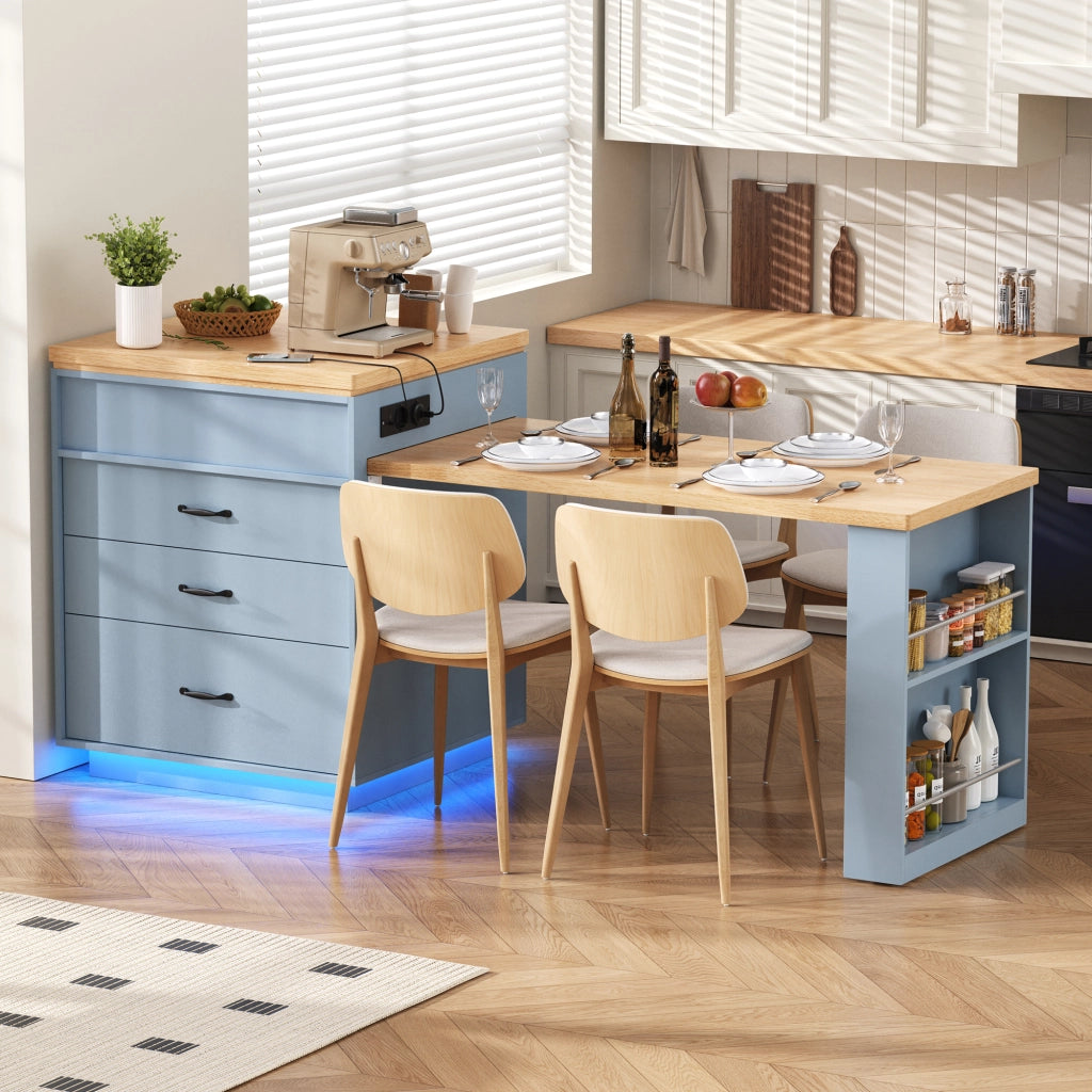 Tavolo allungabile per cucina con ripiani cassetti LED USB e Type-C blu 125.5 × 71 × 93 cm