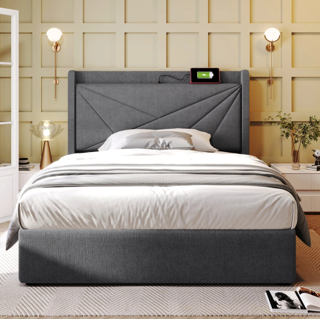 Letto singolo imbottito con contenitore 90x200 cm, USB e Type-C, grigio