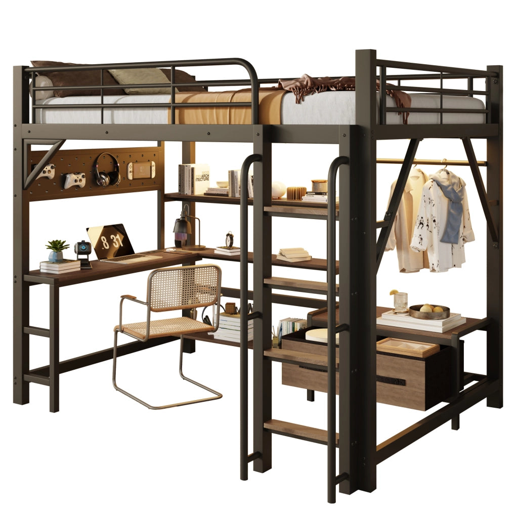 Letto a soppalco 140x200 cm con scrivania, scaffali, LED e USB