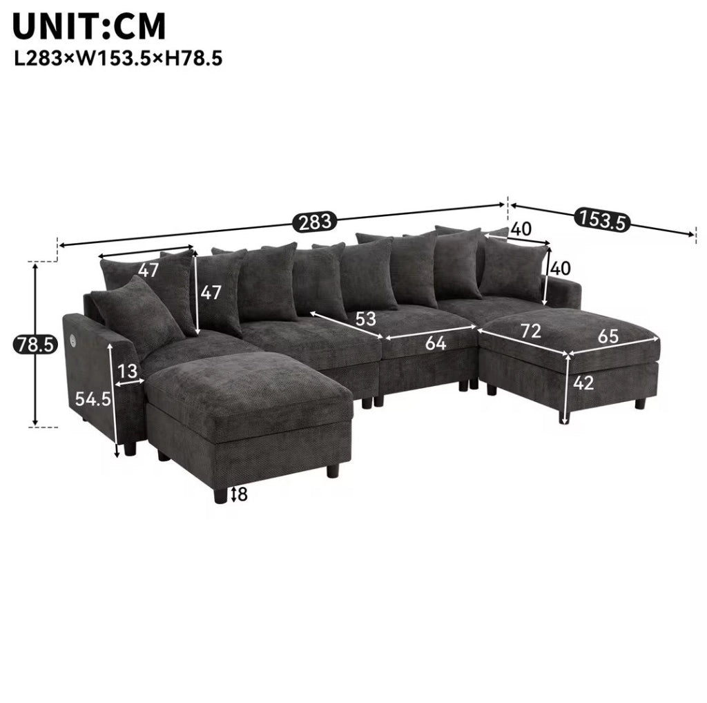 Divano modulare ULEVR 6 posti a U o L con 2 pouf, USB e Type-C, cuscini regolabili, chenille grigio