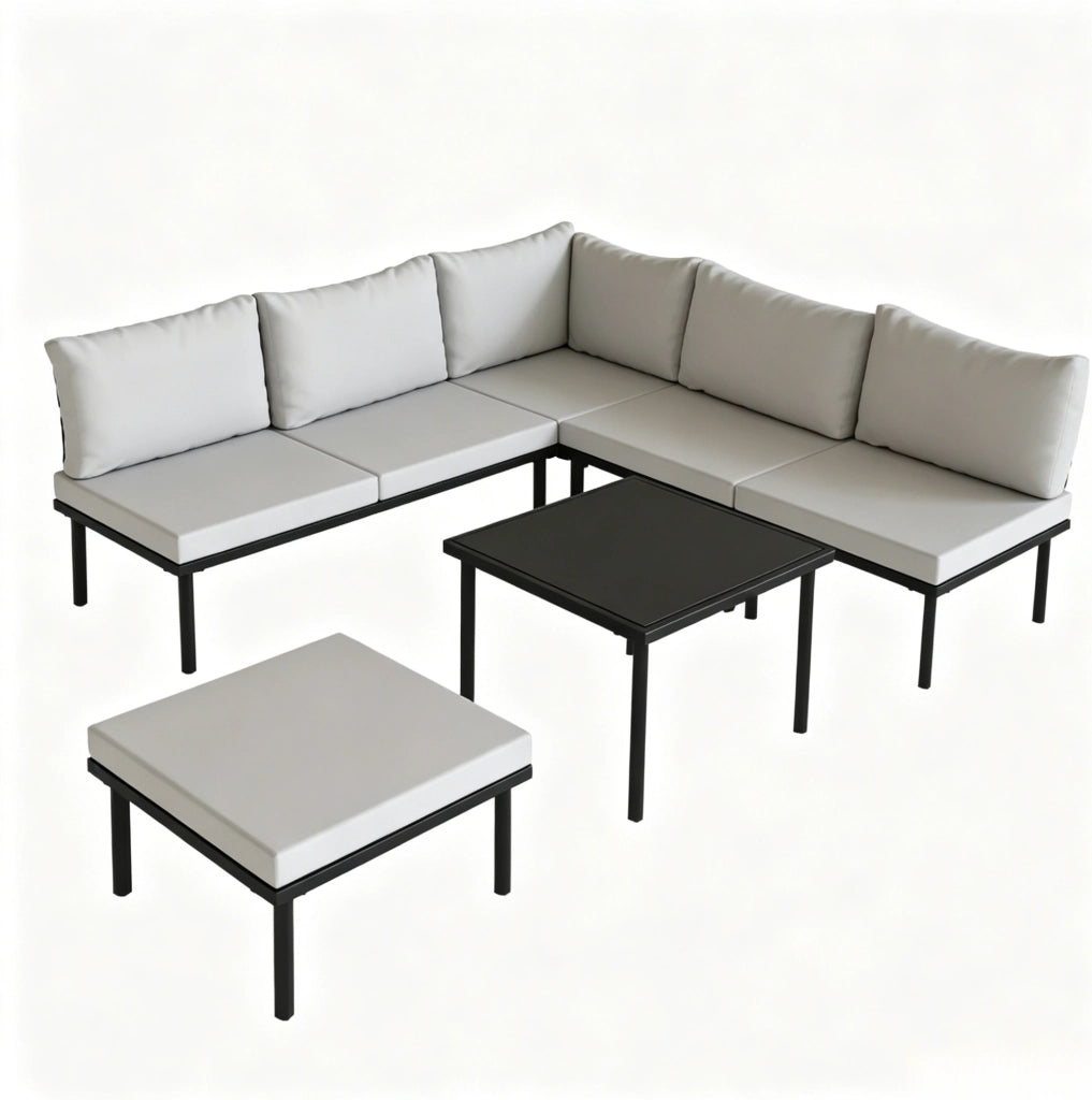 Set Divano Modulare da Esterno con 6 Pezzi, Metallo e Vetro Temperato, Colori Grigio Chiaro e Nero