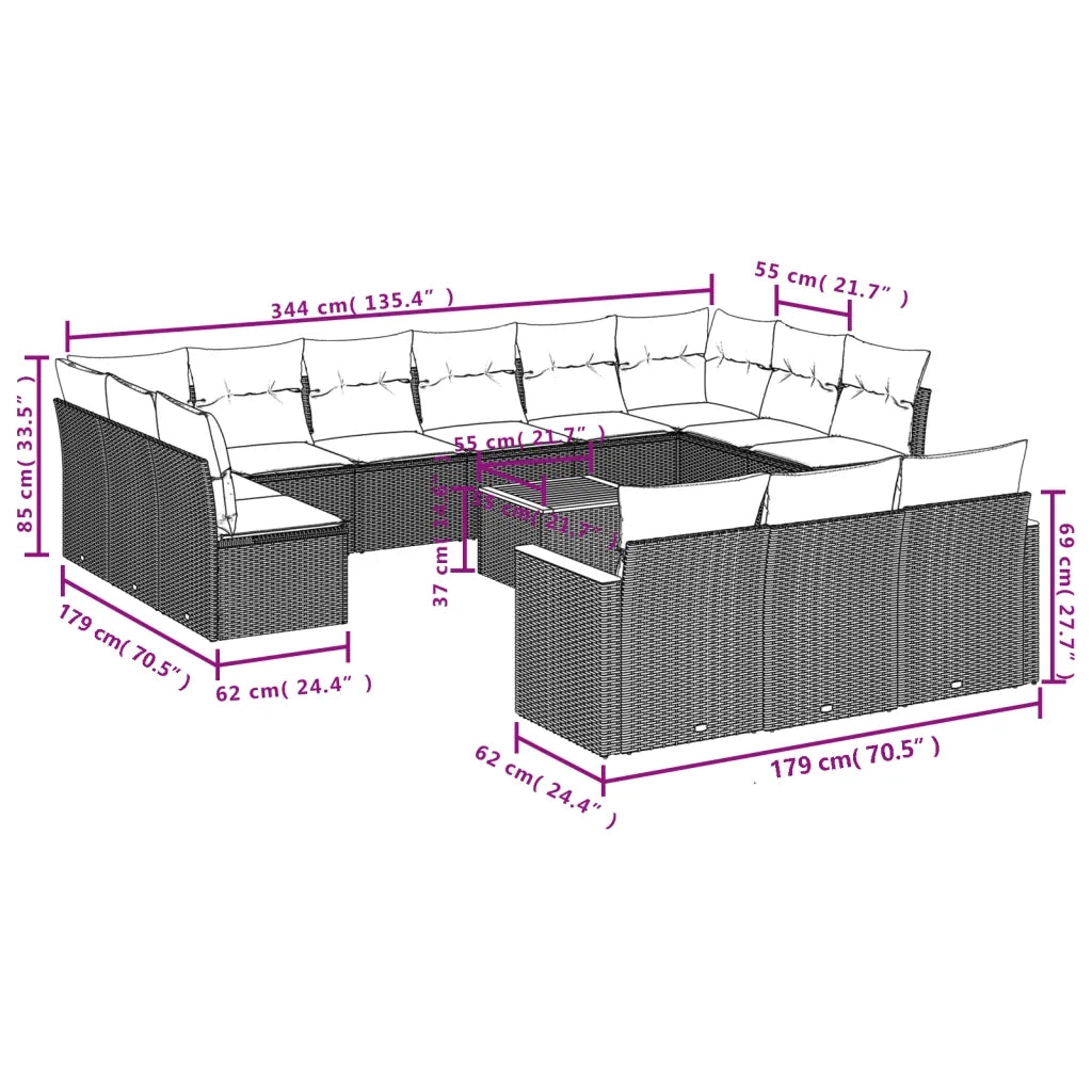 Set Divani da Giardino 14pz con Cuscini in Polyrattan Nero