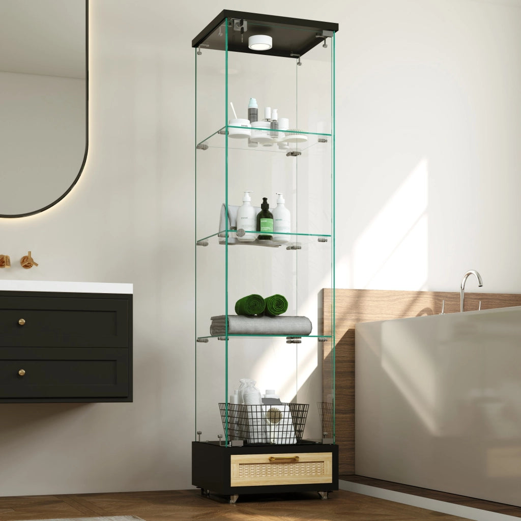 Vetrina espositiva con LED a 13 colori; quattro livelli e ruote con freni in MDF e vetro temperato nero