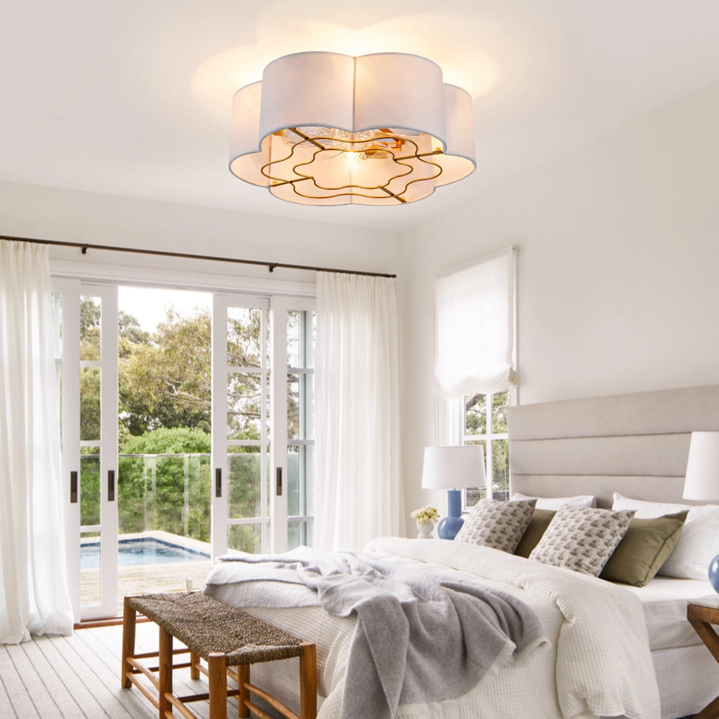 Ventilatore da soffitto con luce; 6 velocità; app Bluetooth e telecomando; 4 portalampade E26. oro e bianco