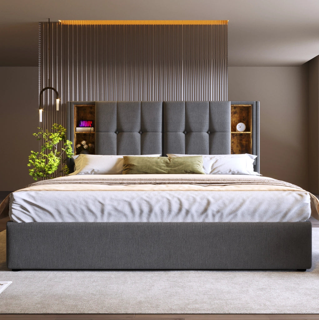 LETTO Imbottito 140x200 cm Cotone Grigio con ricarica wireless USB e Type-C