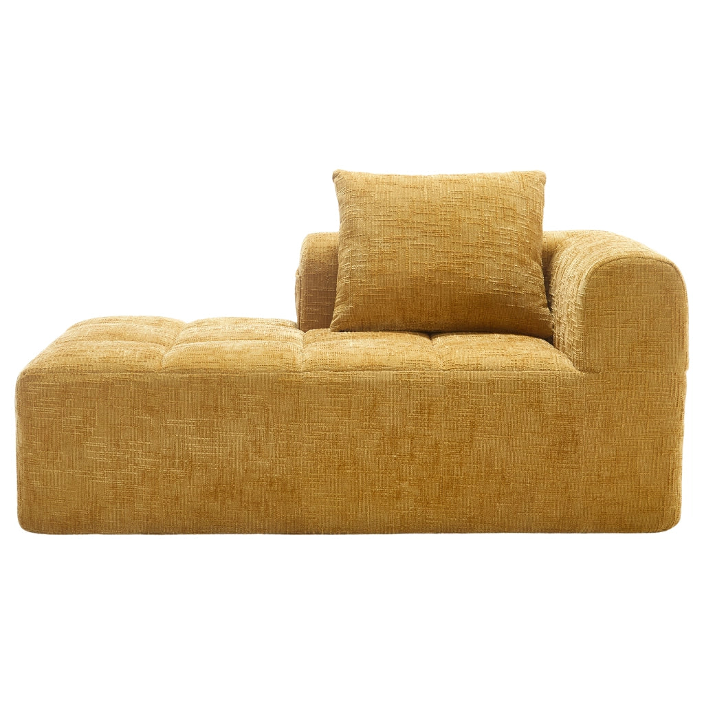 Divano chaise lounge imbottito in chenille giallo, con cuscino e tasche laterali, design moderno