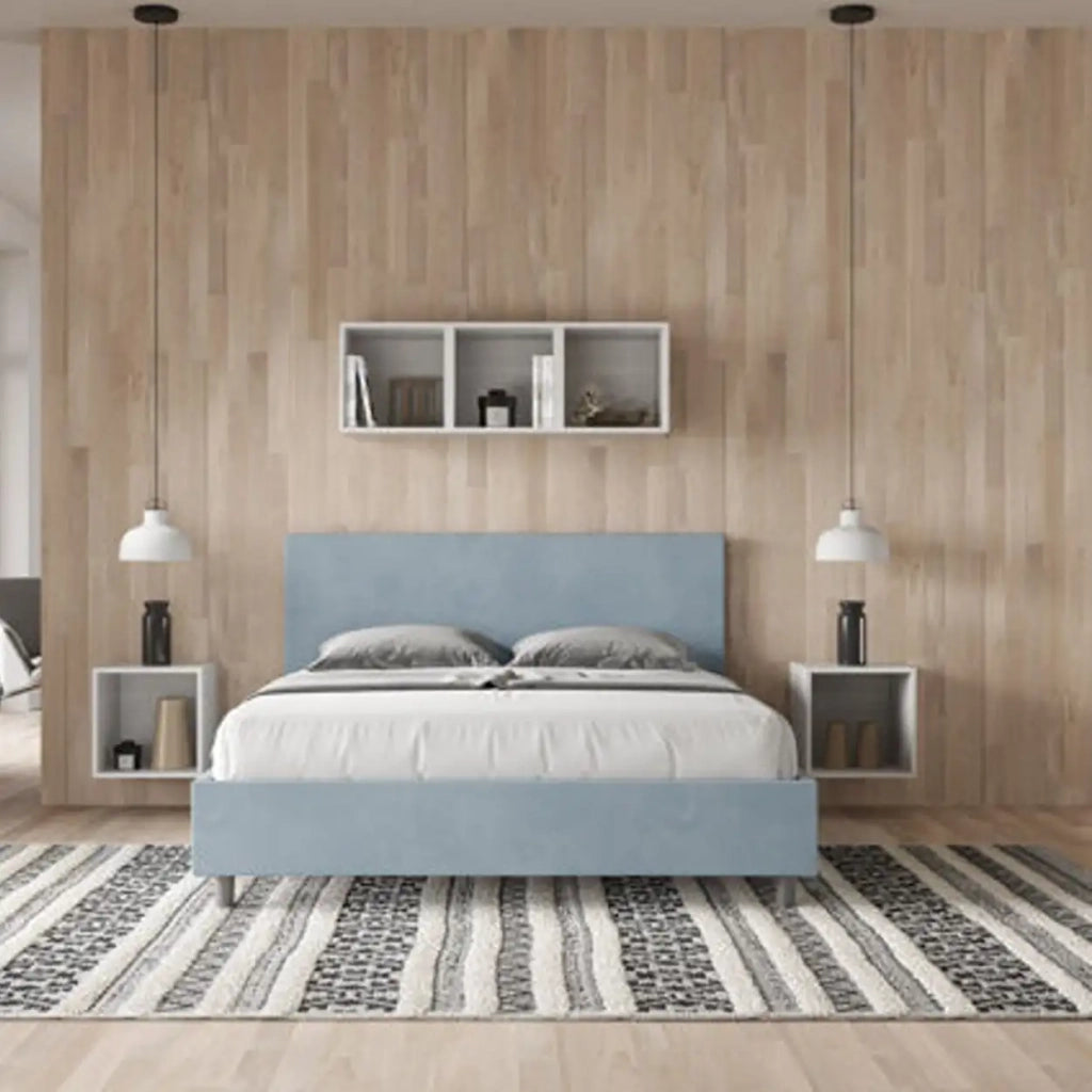 Letto matrimoniale con rete imbottito 160x190 microfibra azzurro Adele