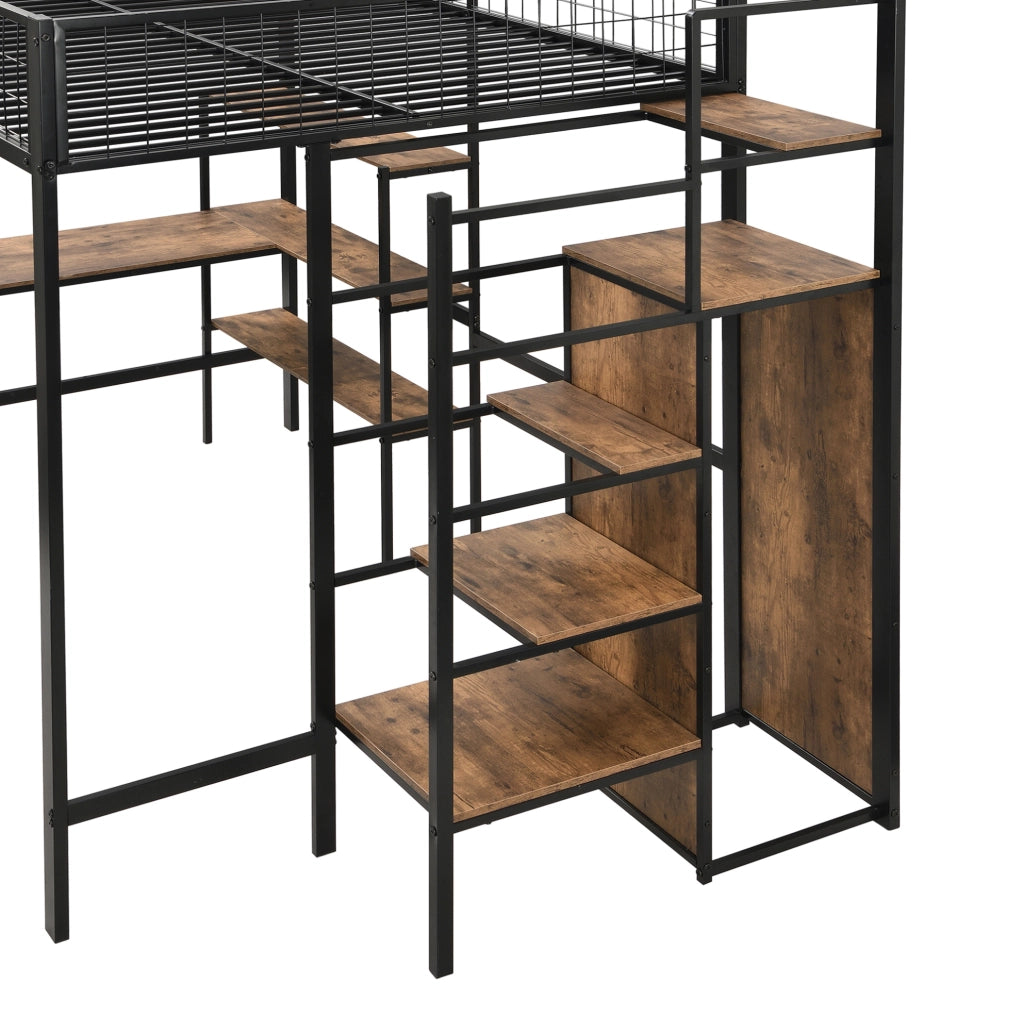 Letto a soppalco 140x200 cm con scrivania, ripiani e armadio integrati