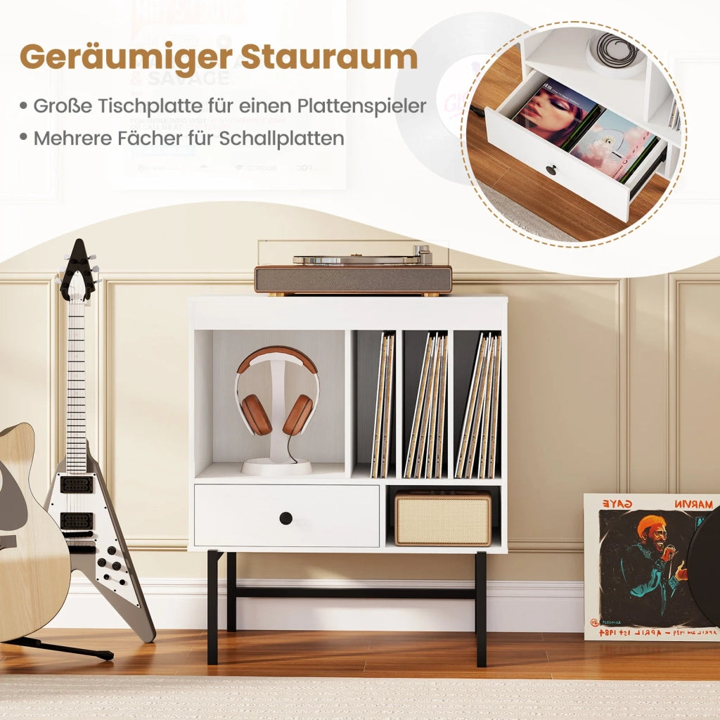 Large Record Player Stand with Open Compartments and Album Holders-White