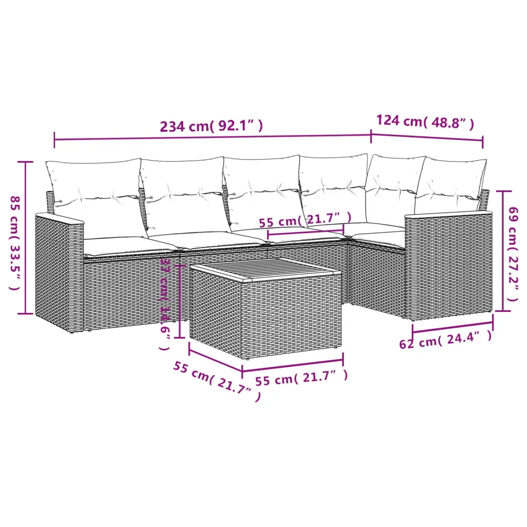 Set Divano da Giardino 6 pz con Cuscini Nero in Polyrattan