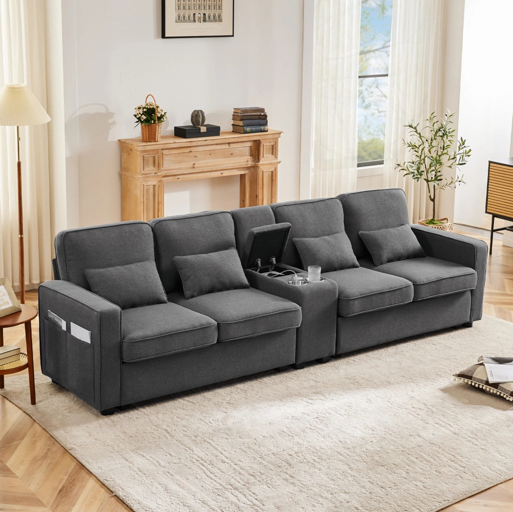 SOFA 4 posti 290x83x88 cm in lino grigio scuro con console, USB e 4 cuscini