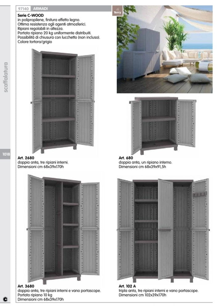 1pz armadio terry "cwood" 2ante cm 68x39x170h tre ripiani con portascope 3680 cod:ferx.17314