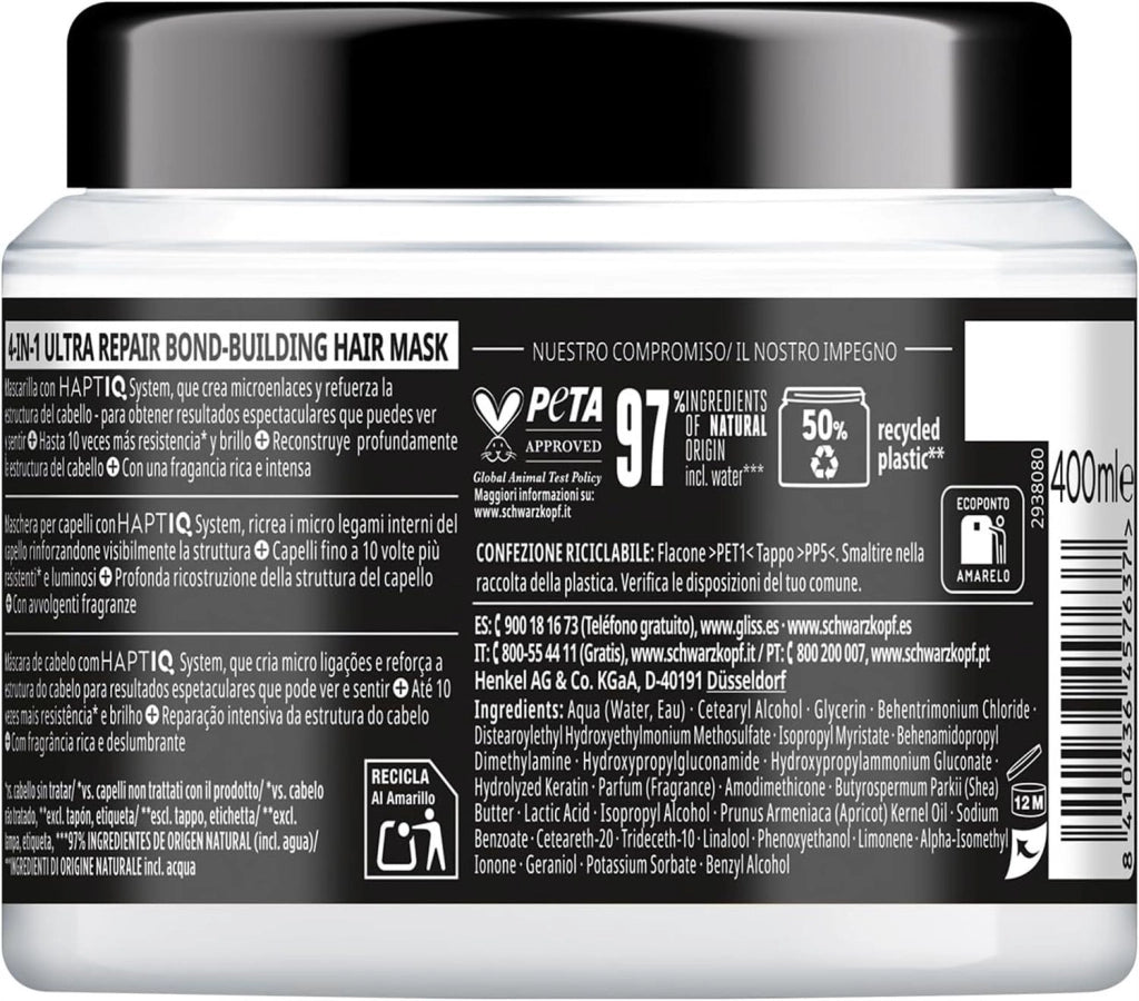 SCHWARZKOPF GLISS 4-IN-1 MASCHERA CAPELLI ULTRA REPAIR CAPELLI DANNEGGIATI E SECCHI 400 ML CON KERATINA
