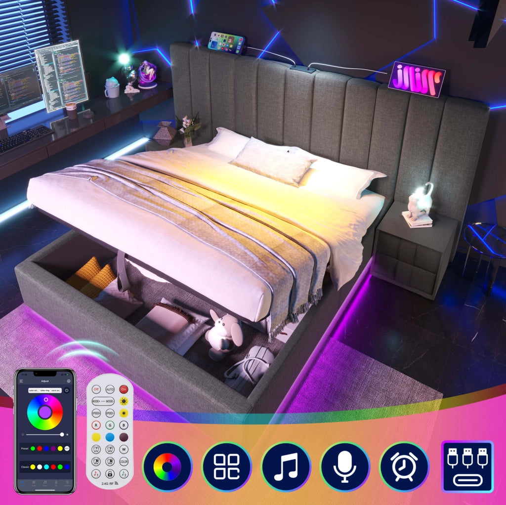Letto imbottito 160x200 cm con contenitore; LED 360°; USB e Type-C; lino grigio