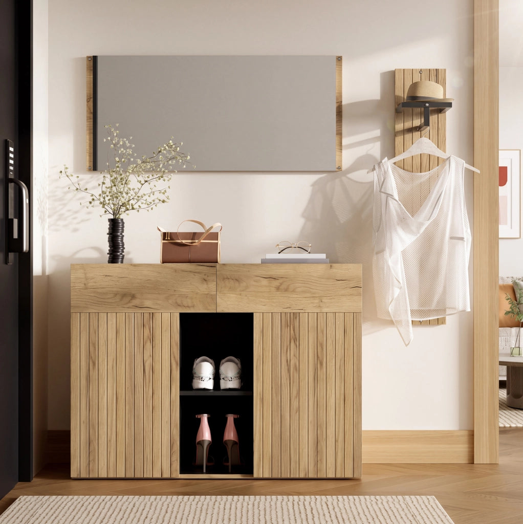 Set ingresso 3 pezzi con scarpiera; appendiabiti e specchio; 125x35x178 cm; MDF e truciolare
