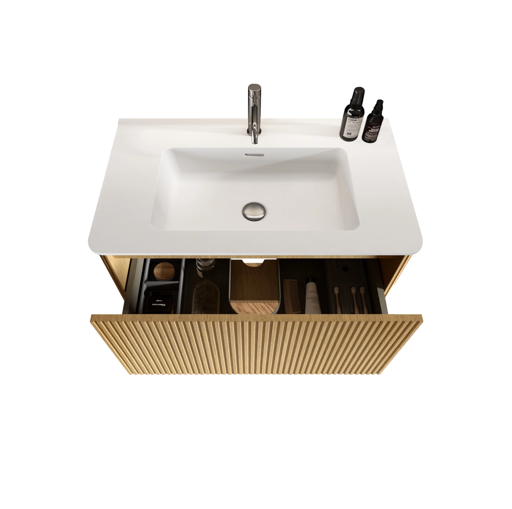 Mobile sottolavabo 80 cm con lavabo in Solid Surface, MDF e compensato rovere