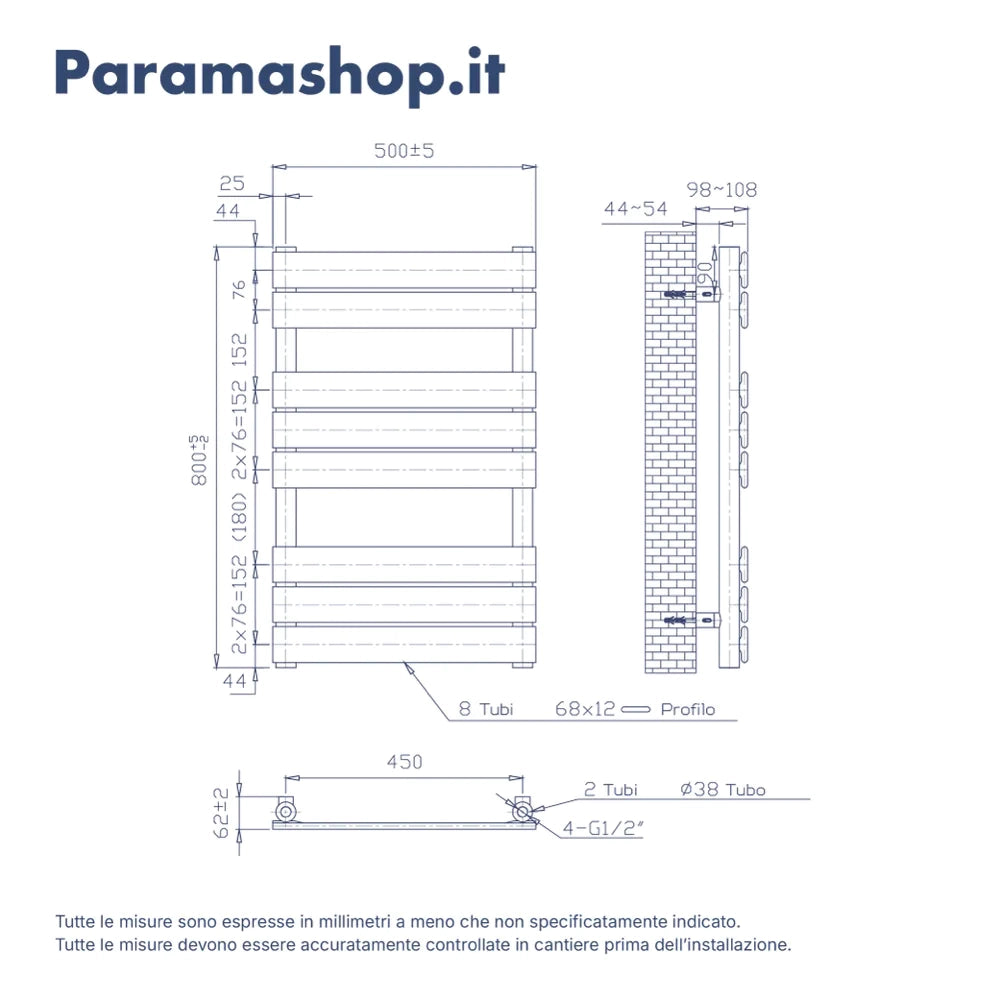 Termoarredo idraulico 800x500 bianco opaco interasse 450 | Andromeda