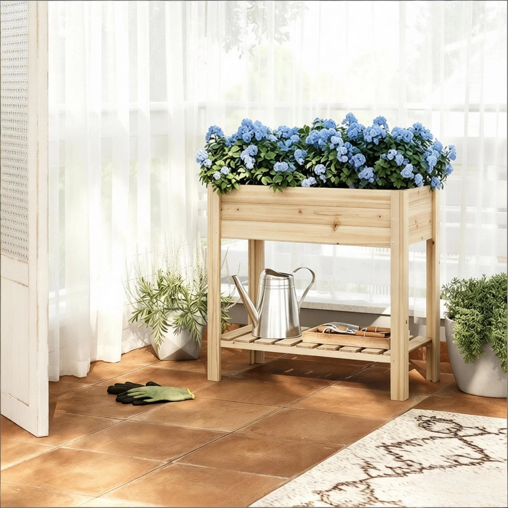 Orto rialzato su gambe con ripiano portaoggetti per erbe e ortaggi in legno di abete color legno 80 × 75 × 40 cm