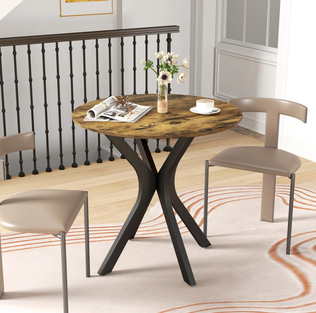 Tavolo da pranzo rotondo 80x75 cm in MDF marrone rustico, base in acciaio, 2 posti
