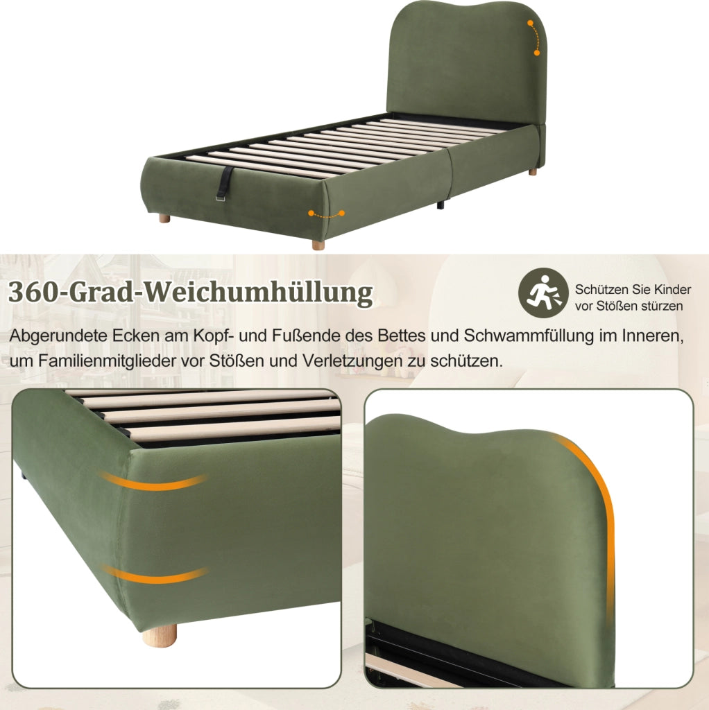 Letto imbottito per bambini verde in velluto con contenitore