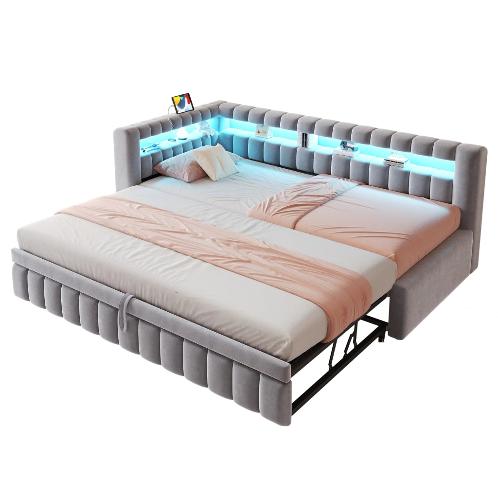 Divano letto con LED, testiera contenitore e USB, 90x200 cm, grigio chiaro