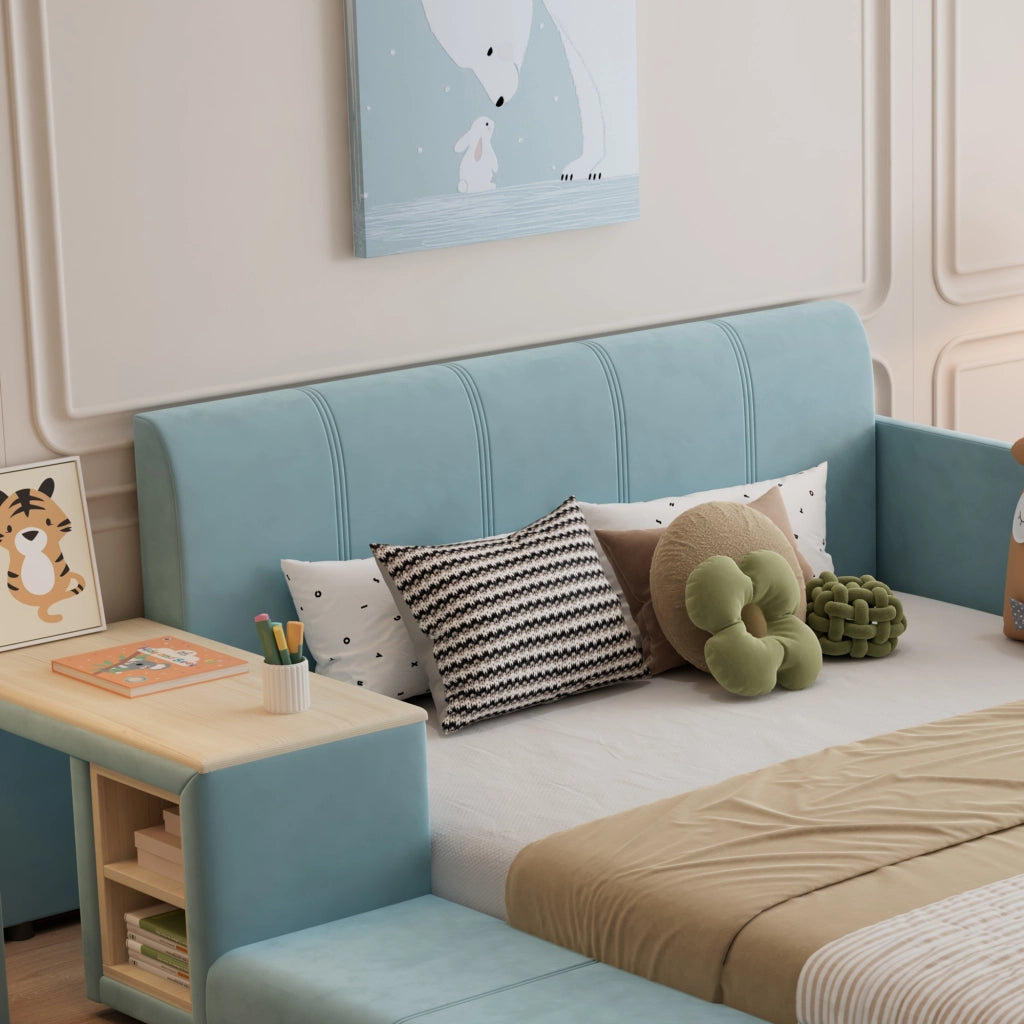 Letto 140 x 200 cm con scrivania e pouf, cassetti, velluto blu, camera per bambini