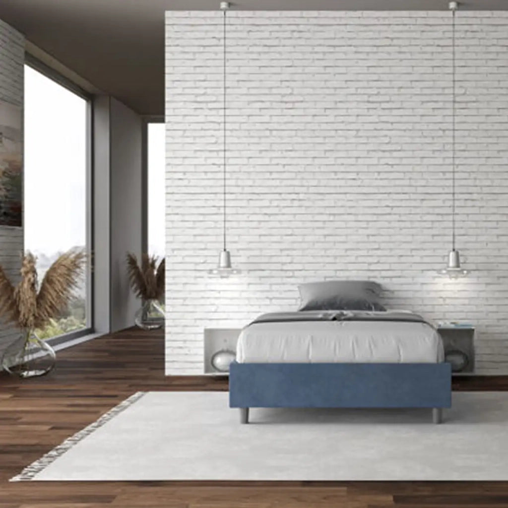 Letto una piazza e mezza contenitore imbottito 120x190 microfibra blu Azelia