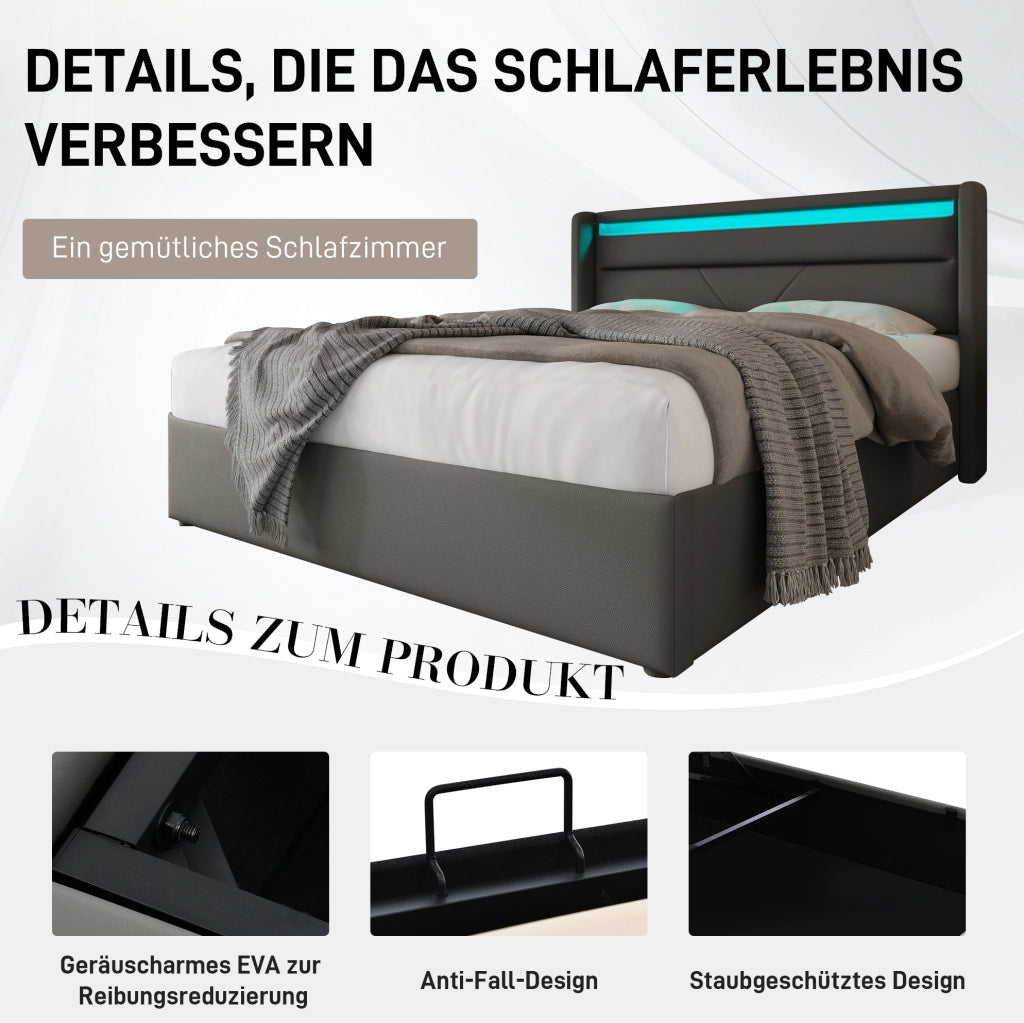 LETTO Contenitore 140x200 cm in PU Grigio con LED e telecomando