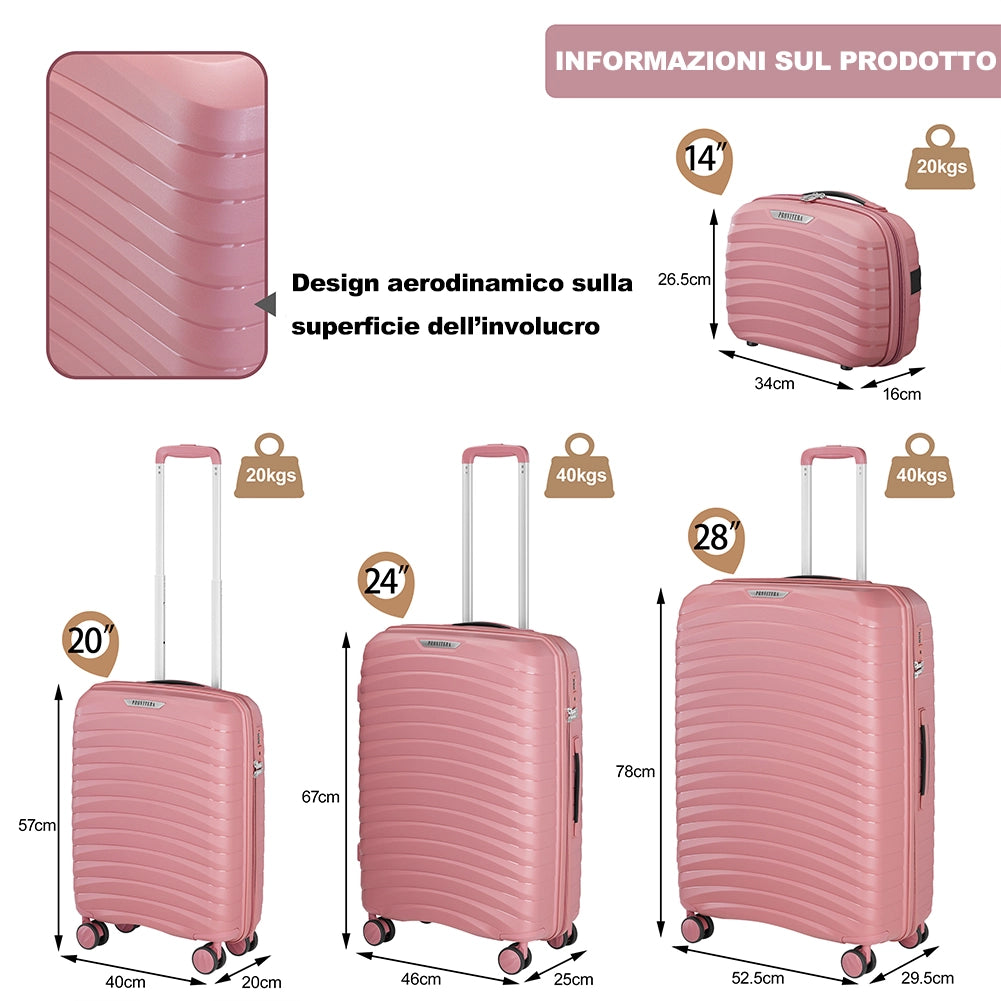 Set 4 Valigie Rigide Rosa in Polipropilene Resistente agli Urti Beauty Case