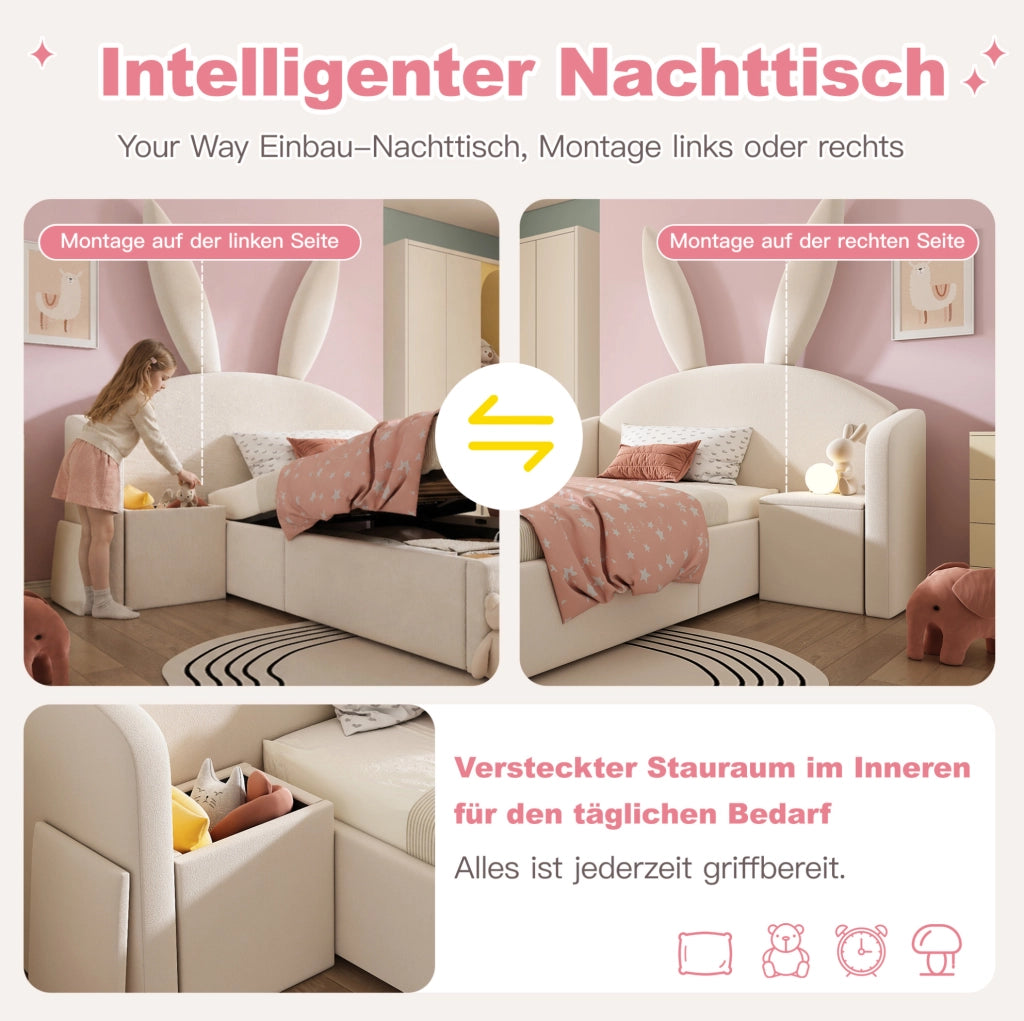 LETTO 90x190 cm per bambini in velluto beige con contenitore e comodino