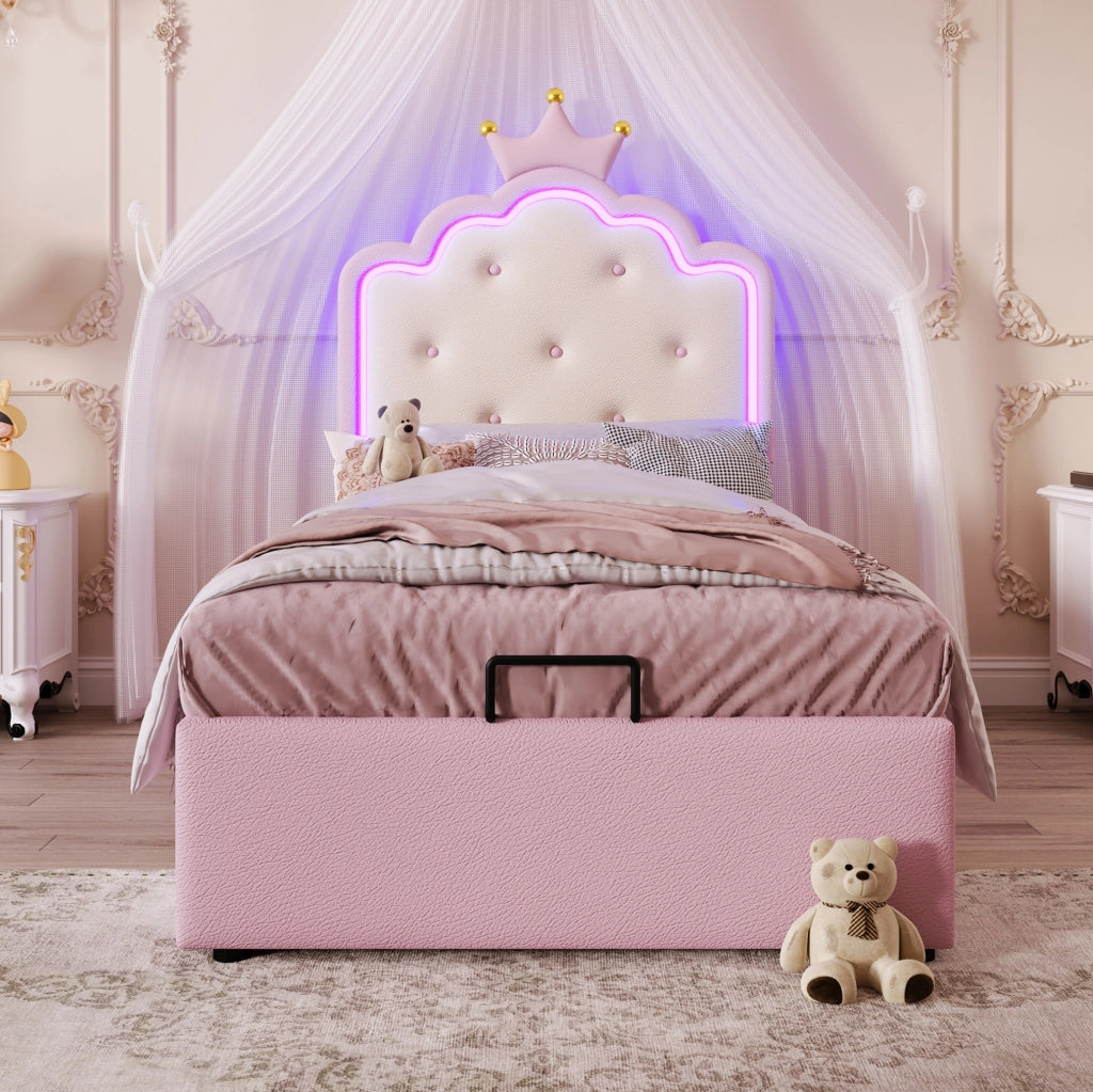 Letto per bambini imbottito 90x200 cm in PU e MDF con luce LED e contenitore, rosa