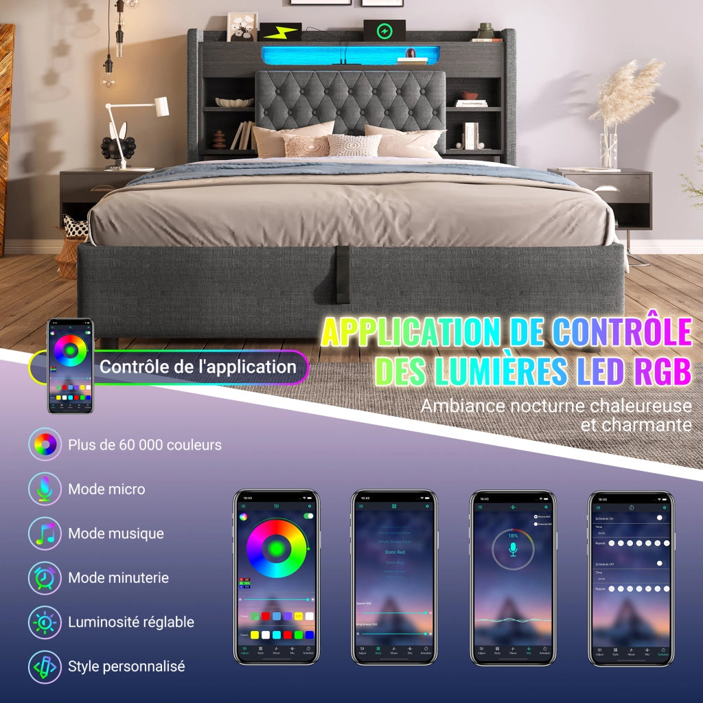 Letto contenitore 180×200 cm con LED; USB; USB-C e vani; senza materasso; grigio