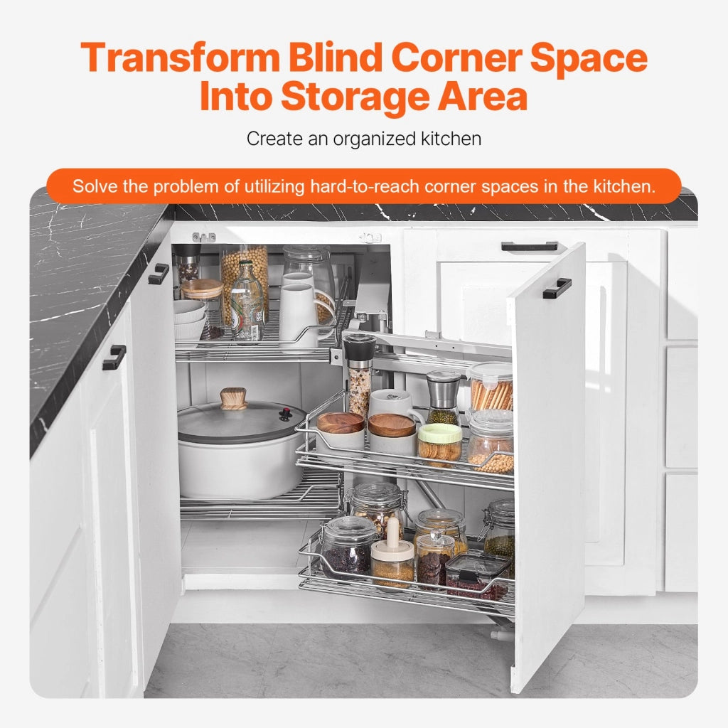 Organizzatore per Angolo Cieco Estraibile, 2 Livelli e 4 Ripiani, Cestino Portaoggetti Acciaio Cromato Pratico per Mobile Cucina, 860 x 535 x 560 mm