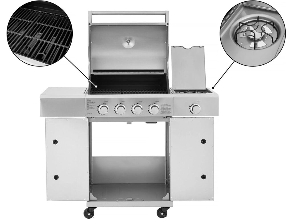 Barbecue a gas in acciaio inossidabile con 5 bruciatori, di cui 1 laterale "Brazzo" - 118 x 57 x 104 cm - Grigio chiaro