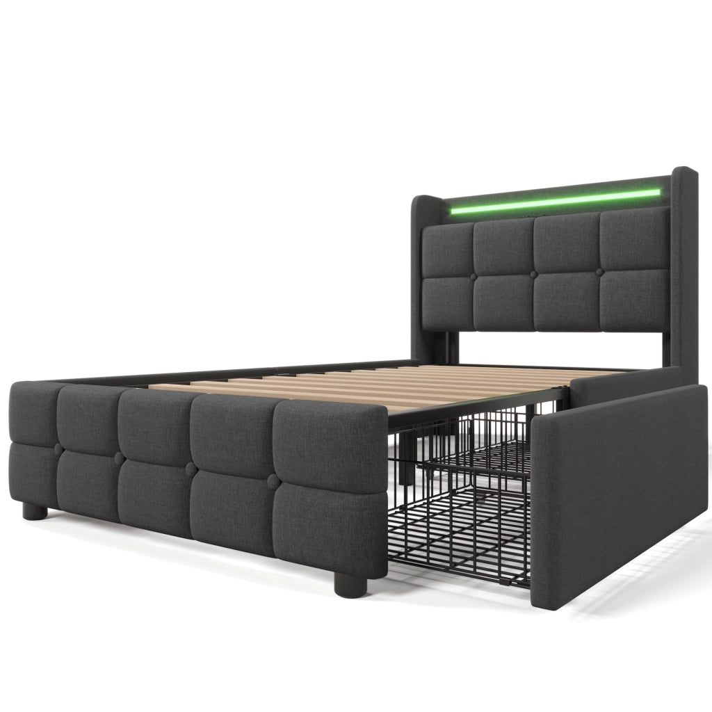 Letto imbottito con USB, LED e 2 cassetti, 90x200 cm, grigio