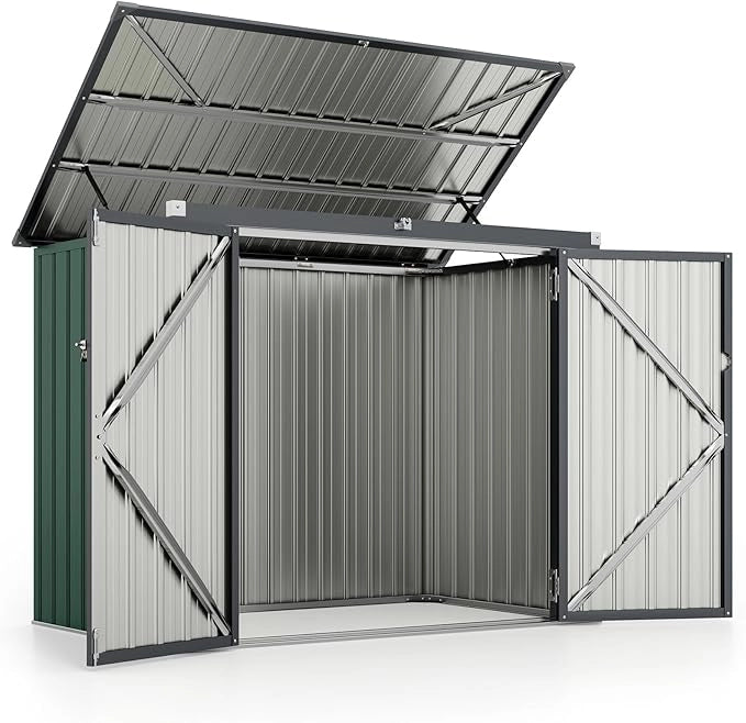 Casetta per Spazzatura Esterna, Capanno da Giardino Bloccabile con Doppie Aperture, 2 Porte e Struttura in Metallo Zincato, Ripostiglio per Patio e Cortile (Verde)