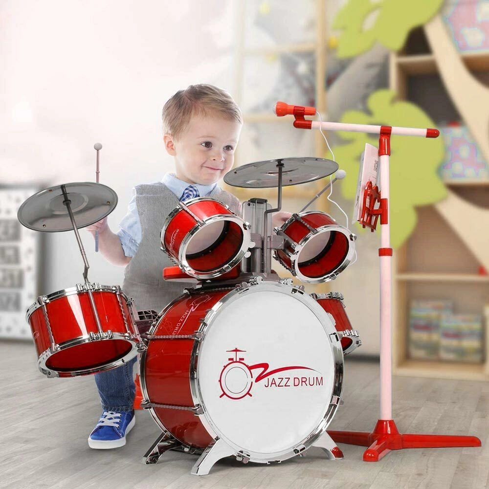 Batteria Musicale Giocattolo con Microfono Pianola Piatto DJ e Lettore MP3 Rosso