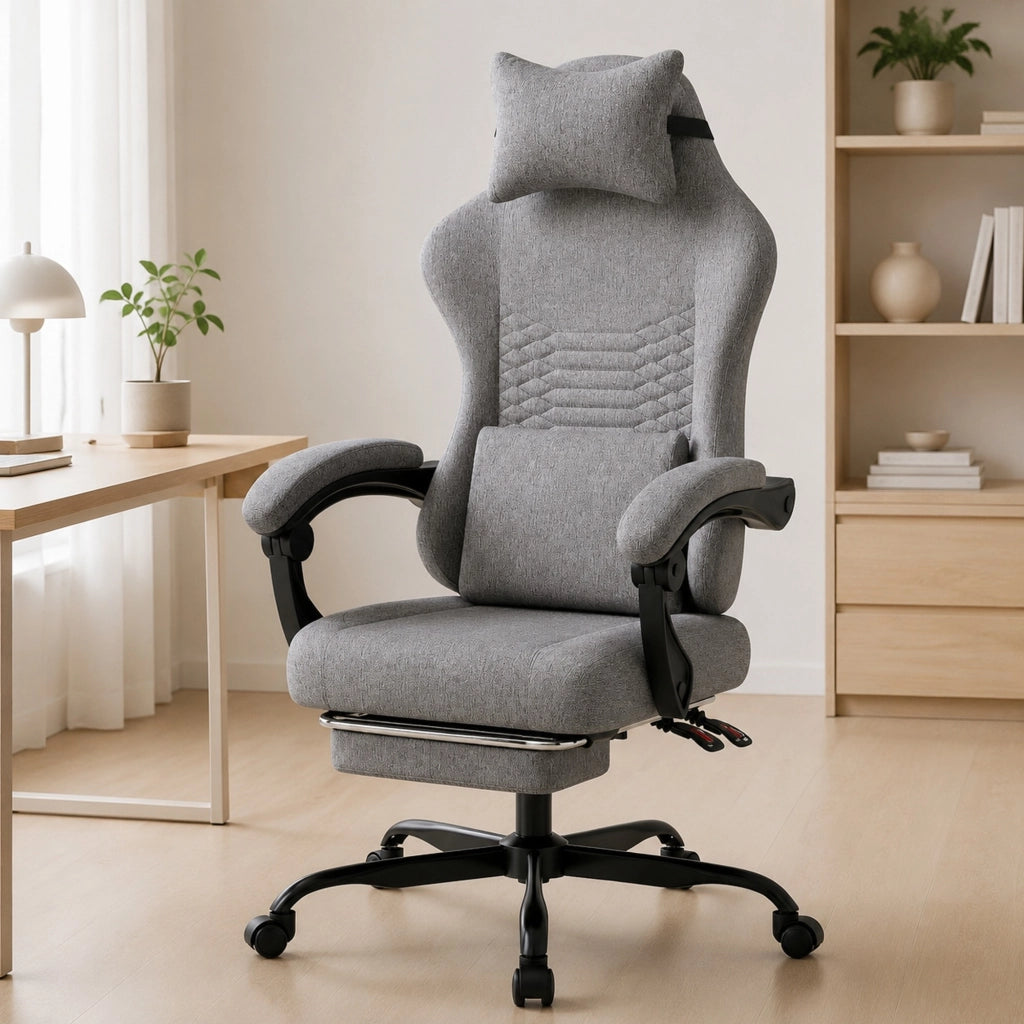 Sedia da gaming ergonomica in tessuto grigio chiaro con poggiatesta supporto lombare poggiapiedi e schienale reclinabile