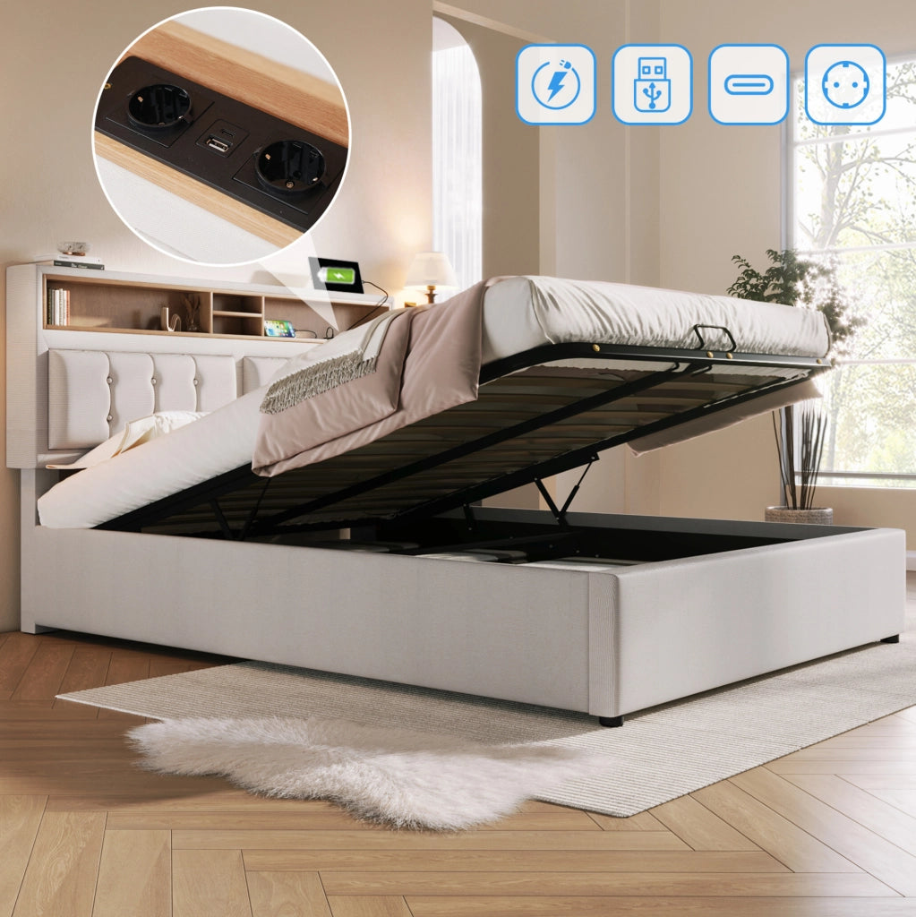 LETTO Contenitore 140x200 cm in lino beige con testiera regolabile e USB