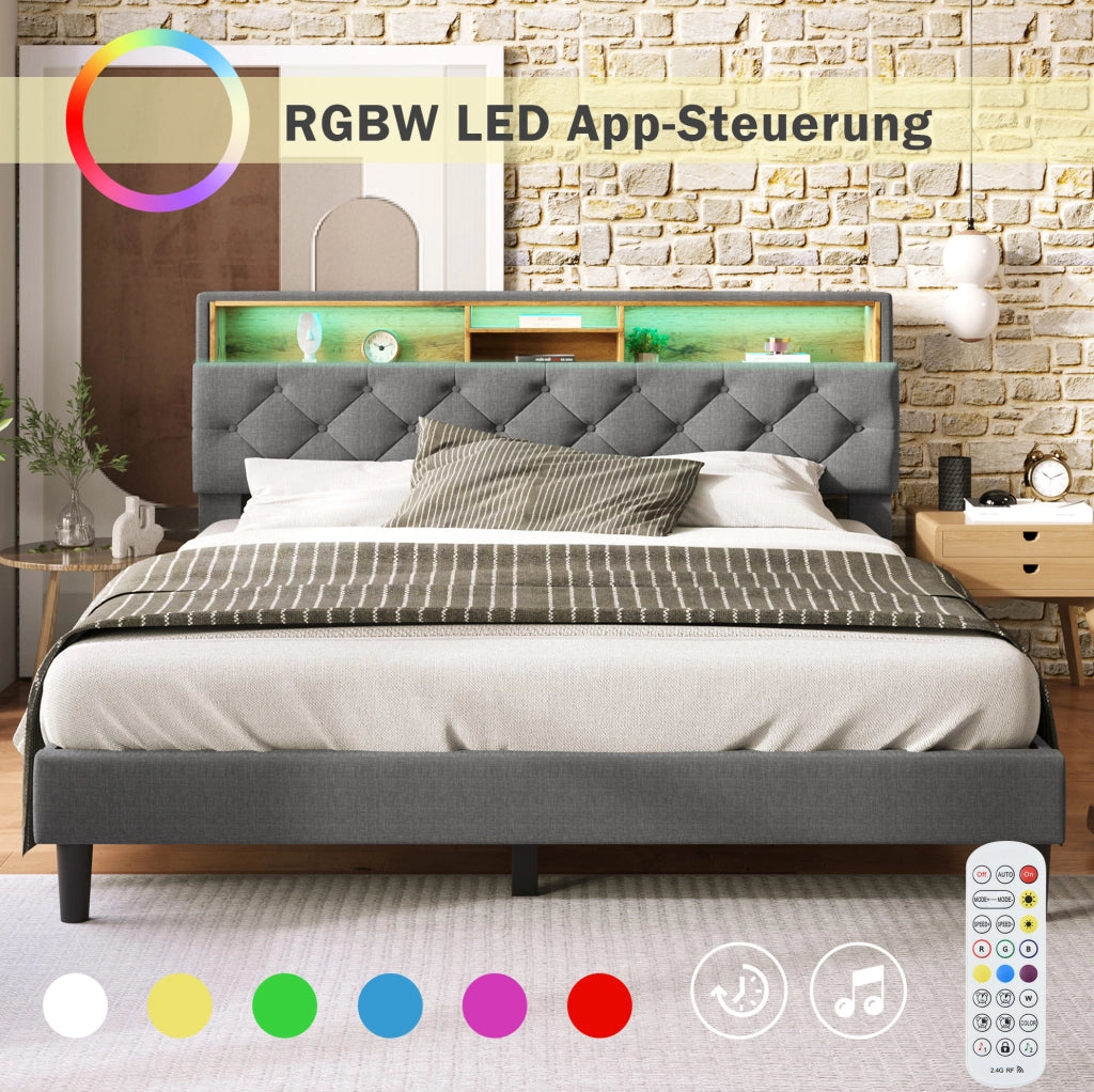 LETTO imbottito 140x200 cm Grigio con testiera contenitore e LED
